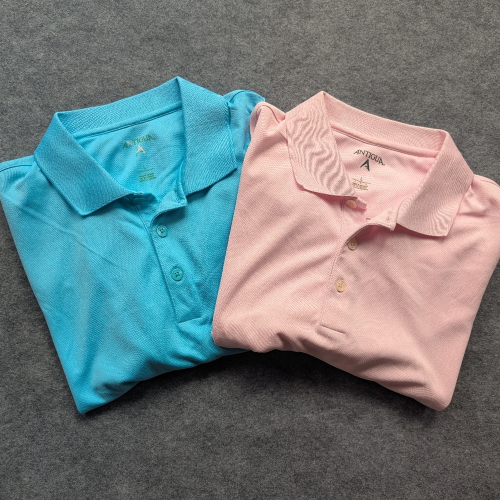 Antigua Set Of 2 Golf Polo Shirt Soft Pink &Teal Men's L